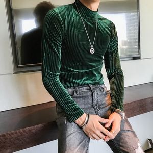 Camisetas masculinas Kaus Turtleneck Beludru Kasual Bergaris Raming Musim Gugur Dingin Ketat Lengan Panjang Pria Kostum Klub Camiseta Homme 230427