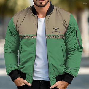 Men's Trench Coats Cow Vintage Tribal Bomber Jacket Coat Sports & Outdoor Daily Wear Going Out Fall Winter Standing Collar Long Sleeve Gree