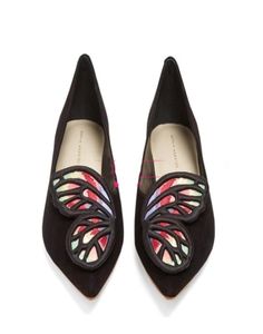 2019 Ladies Sheepskin camurça Sapatos pontiagudos de salto baixo bordo Mutli Butterfly Ornamentos Sophia Webster Black Shoes 344125143