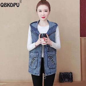 Waistcoats plus size Pocket denim Vest Women Mid Längd Löst huva Waistcoat Letter Brodery Jean Jacket Korean Fashion Chaleco Mujer