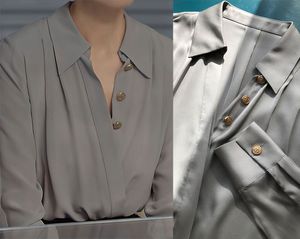 Spring Summer Gray Solid Color Silk Blouse Shirt Long Sleeve V-Neck Single-Breasted Top Shirts H3F27MGZZ