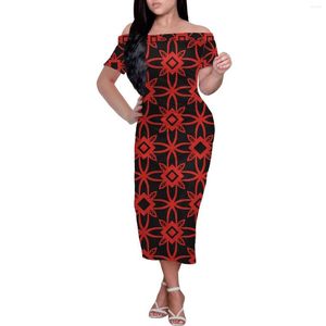 Casual Dresses Wholesale Price Custom Ladies Retro Style Dress Polynesian Tribal Black Background With Maroon Floral Prints Bright Clothing