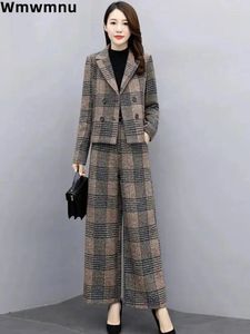 Women's Two Piece Pants Winter Office Classic Plaid Woolen Blend 2 Set Elegant Chic Ol Suits Coat Chaquetas Conjuntos Thick Wide Leg Pant