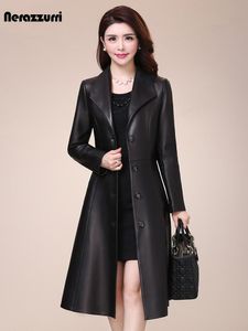 Jackets Nerazzurri Spring autumn long black soft faux leather coat women long sleeve buttons slim fit Elegant leather jacket women 2021