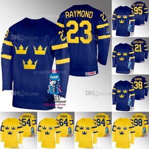 Sverige Hockey 2023 IIHF Världsmästerskap Jersey Lucas Raymond Leo Carlsson Rasmus Sandin Anton Lindholm Jonathan Pudas Joel Persson Alexander Nylander Jerseys