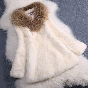 Pelliccia Nuovo Cappotto di Pelliccia di Coniglio Full Pelt con Collo di Pelliccia di Procione Giacca di Pelliccia di Pelle Intera Cappotto di Vendita di Sconto Basso all'ingrosso SR29