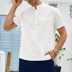 Erkekler Sıradan Gömlek Erkek Pamuk Keten Gömlek Kısa Kollu Düz Renk Kazak Yarım Düğme Beyaz Üstler Yaz Henley Erkek Giyim