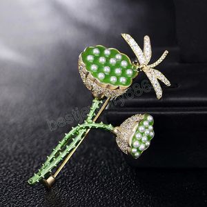 Fashion Creative Lotus Brooches With Dragonfly Women Imitation Pearls Shiny Rhinestones Lotus Brooches Party Jewelry Gifts