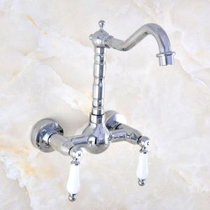 Kitchen Faucets Polished Chrome Brass Wall Mount Sink Faucet Swivel Spout Mixer Tap Dual Ceramics Handles Levers Anf561