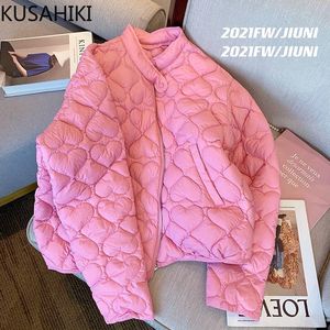 Leather KUSAHIKI Fashion Cute Women Pink Jacket Winter Warm Zipperr Stand Neck Coats Parkas 2022 New Fashion Short Jackets Parka