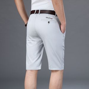 Herr shorts 6 färg mäns casual shorts sommar raka elastiska affärsmode tunna korta byxor manliga märke khaki beige svart marin 230428