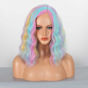 Synthetische Perücken, Regenbogen-Perücke, Haarperücke, Damen, mehrfarbig, kurzes lockiges Haar, buntes Stirnband aus synthetischen Fasern
