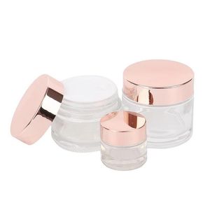 Bottiglia di crema in barattolo di vetro trasparente satinato Contenitore cosmetico vuoto con coperchio in oro rosa 5g 10g 15g 20g 30g 50g 100g Bottiglie di imballaggio Qbccg