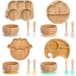 Cups Dishes Utensils 4pcs Bamboo Plate Sets Baby Feeding Bowl Wooden Kids Feeding Supplies Spoon Fork for Baby Tableware Suction Plate Bowl Cup 230428