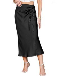 Skirts Women Fashion Casual Midi Solid Color Drawstring Ruched Satin Spring Summer Streetwear