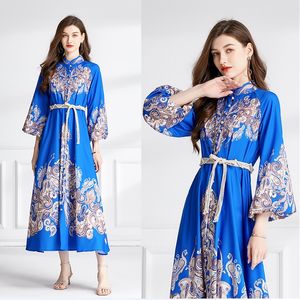 Retro Floral Blue Party Maxi Dress Woman Designer Robe Long Sleeve Stand Collar High Waist Vacation Fitted Dresses 2023 Spring Fall Elegant Lace Up Runway Frocks