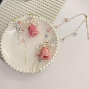 Dangle Earrings Retro French Eternal Flower Pearl Glass Floret Necklace Super Fairy Temperament Hong Kong Style Design