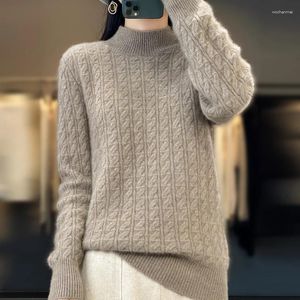 Kvinnors tröjor Autumn and Winter Ladies Pure Wool Semi-High Collar Solid Color Sticked Long Sleeve Twisted Fashion Loose Pullover Top