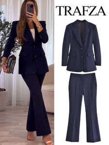 Kvinnors tvådelade byxor Trafza 2023 Casual Blazer Business Office Suit Navy High midja Slim Wedding Dress Tuxedo Party 2 -stycken Set 231128