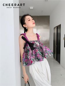 Camis Cheerart Jacquard Vintage Crop Top Women Top Top Scher Summer 2022 Purple Floral Ruffles Camisole Beach Style