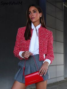 Damen Jacken Rot Plaid Stehkragen Crop Top Mantel Langarm Einreiher Elegante Dame Jacke Herbst Chic Casual Streetwear 231127