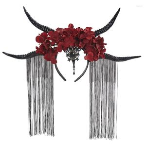 Party Supplies Gothic Vintage Halloween Witch Black Long Ox Horn Headband Cosplay Demon Evil Tassels Flower Hair Hoop Headdress