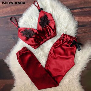 Sexy Pyjamas Women's V-neck pants set Women's V-neck eyelashes new lace sexy dyed Camisol pajamas bow pants set pajamas 231128