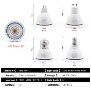 7W LED Spotlight żarbówki, MR16 E27 E14 GU10 GU5.3 Podstawa, 24 ﾰ Kąt wiązki dla Downlights Lampy stołowe LL