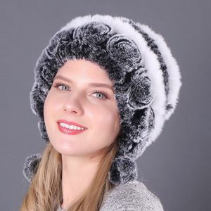 Ampla borda chapéus balde chapéu de pele para o inverno natural rex coelho boné russo feminino chapelaria ao ar livre orelha quente rosa flores múltiplas beanies bonés 231128