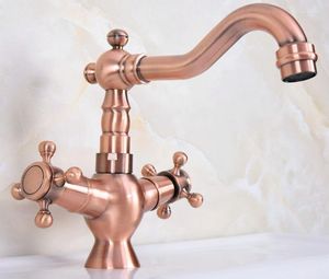 Kitchen Faucets Antique Red Copper Double Handle Cold And Water Basin Faucet Single Hole Deck Mounted Bathroom Sink Mixer Tap Dnf616