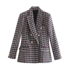 Costumes pour femmes Blazers Automne veste femme mode Double boutonnage Tweed Check Blazer manteau Vintage à manches longues poches vêtements de dessus pour femmes 231129