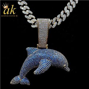 Pendant Necklaces Aokaishen Iced Out Blue Dolphin Necklace Real Gold Plated Hip Hop Jewelry Unique Charms Trend 231129