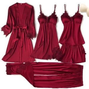 Womens Sleepwear Pajama set womens lace decoration satin pajamas Pour summer with pants casual home wear kimono robe 231129