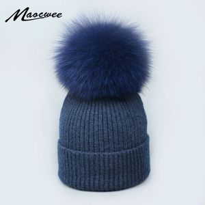 Beanie / Skull Caps Real Fox Fur pom poms bola Skullies Beanies Manter Quente Chapéu de Inverno para Mulheres Criança Menina Chapéu de Lã Gorro de malha grosso boné feminino 231128