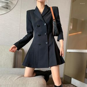 Casual Dresses Ladies Office Slim Fit Double Breasted Suit Dress Women Classic Black Short Mini Pleated Spring Autumn Long Sleeve