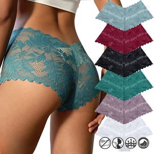 Women's Panties 2023 Women Sexy Lace Floral Perspective Uderwear Solid Color Intimates Boyshort Female V-Waist Breathablle Soft Lingerie