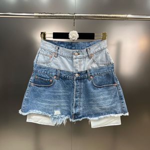 التنانير Borvemays 2023 الربيع الصيفي اتجاه الموضة الترقيع ألوان متناقضة عالية الخصر Aline Mini Denim Skirt WZ1040 230428