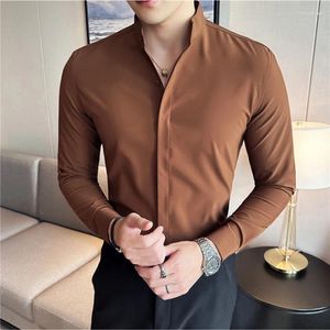 Camisas casuais masculinas estilo chinês em pé camisa de colarinho para homens cor sólida vestido de negócios manga longa magro festa social smoking blusa