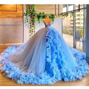 Blue Formal Women Quinceanera Dresses Shoulder Ruffles Lace Floral Sleeveless Pleated Ball Gowns Vestido De Novia Custom Made Plus Size 328 328