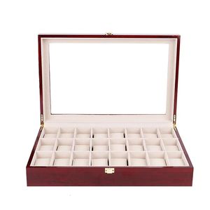 Obserwuj pudełka skrzynki 24 Gniazda Czerwona jasna lakier drewniana pudełko zegarkowe Organizator Luksusowy duży zegarek biżuteria do przechowywania pudełka na poduszki drewniane drewniane prezent 231128