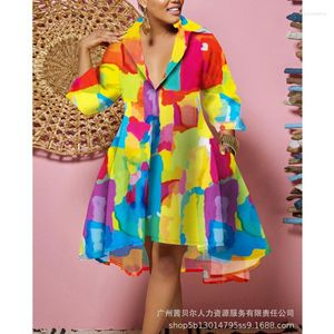 Vestidos casuais mulheres moda elegante de tamanho grande impressão de camisa fluida vestido fêmea de manga longa V pescoço solto de rua A-line