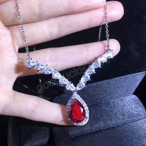 Exquisite Water drop Garnet Red CZ Stone V-shaped Necklace For Women Clavicle Chain Banquet Party Jewelry Anniversary Gift