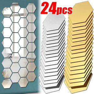 Väggklistermärken 3D Hexagon Mirror Diy Mirrors Sticker avtagbart självlim estetiska mosaikplattor dekaler hemdekoration 231128