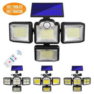 LED Solar Lights 192 198 COB Outdoor Motion Sensor 4 Heads 3 Modes Garden Wall Lamp IP67 Waterproof Landscape Security Lighting LL