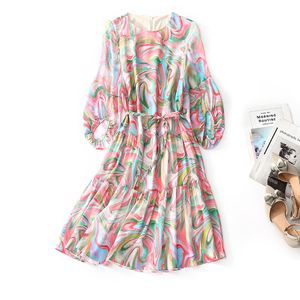 2023 Summer Pink Rainbow Print Belted Silk Dress 3/4 Sleeve Round Neck Kne-Length Casual Dresses C3A255016