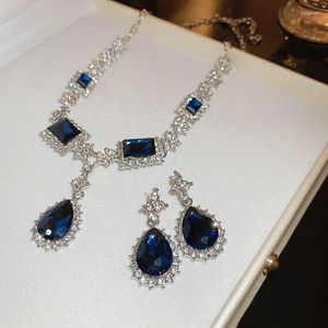 Dangle Earrings Vintage Water Drop Necklace Earring For Women Dark Blue Crystal Wedding Bride Jewelry Sets Accessories