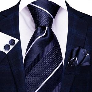 Bow Ties Hi-Tie lacivert Beyaz Çizgili İpek Düğün Kravat Erkekler İçin Shandky Cufflink Set Moda Tasarımcısı Hediye Kravat İş Partisi