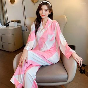 Kvinnors sömnkläder Lisacmvpnel Ice Silk Autumn Long Sleeve Suit Cardigan Pyjamas Pink Stripe Two-Piece Pyjamas