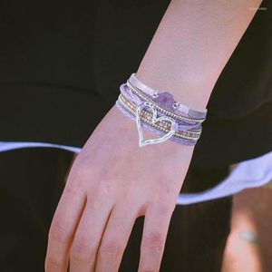 Bracelets de charme feminino pulseira de couro falso amor amor coração multi-camada bohemia resina de pedra de pedra trançada jóias de moda punk garotas