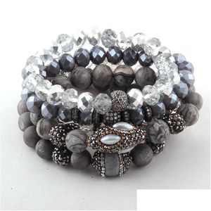 Beaded Fashion Beautif 5Pc Set Gray/White/Black Bracelet Natural Stone Glass Crystal Pave Bracelets Drop Delivery Jewelry Dhrsk